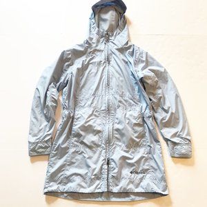 COLUMBIA Vintage Light Blue Hooded Dual Zip Rain Jacket Womens Small